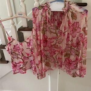 Zimmermann Pink Floral Sleeveless Blouse with Tie Front